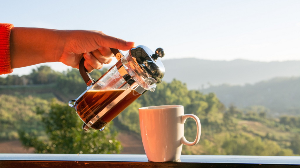 Hands holding french press coffee pot and white cup with mountain view in the morning