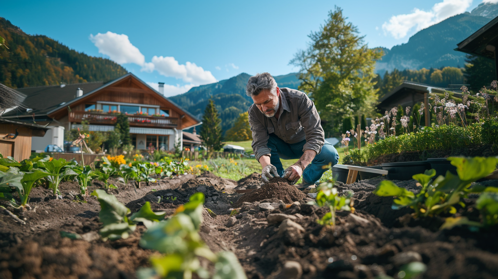 Middle age man knelling down using coffee grinds in his garden as a fertilizer and compost. It's a nice garden on a beautiful day. The house is in the background in a mountainous region.