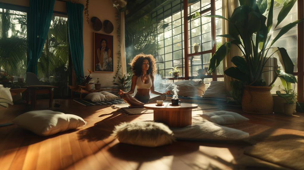 beautiful latin woman meditating in her living room sitting in a yoga position with a cup of coffee in front of her