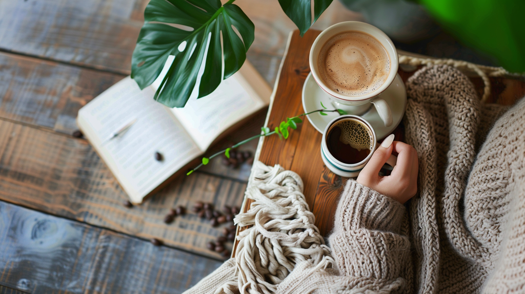 an image with a woman sitting at a table with a book that incorporates spirituality and coffee where daily affirmations are expressed