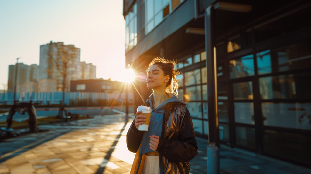 Woman looking up with her eyes closed enjoying the morning sunrise after a good workout drinking a cup of coffee.