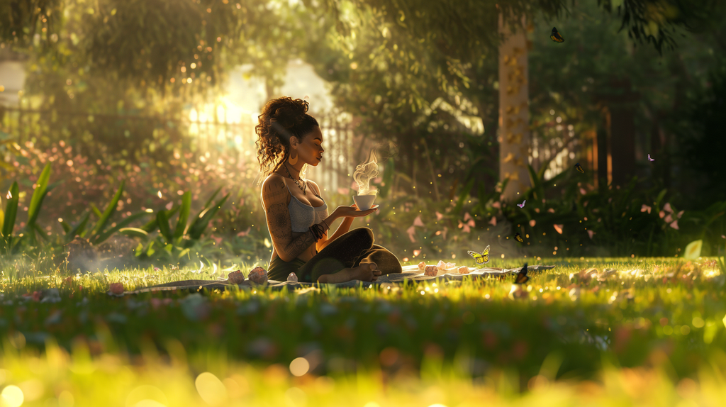 image of a fit happy female on a lawn with Sacral Chakra crystals and a steaming cup of coffee near by. It's early in the morning and the sun is coming up. The lawn is surrounded with greenery and some butterflies