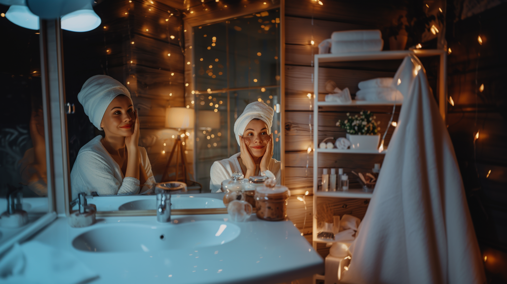 realistic photograph of a pretty woman in front of a bathroom mirror. She is applying a coffee scrub to her face as part of her morning routine.