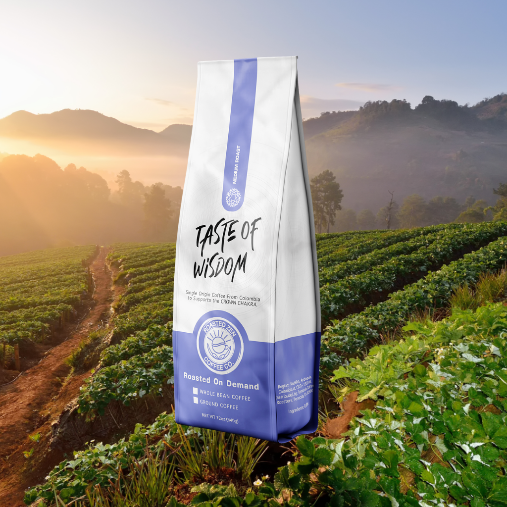 Coffee farm with Taste of Wisdom product bag displayed